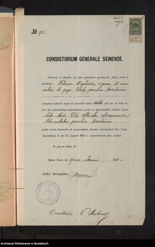 image.from.unit.number "Dokumenty k aktam o brakosočetavšichsja po R.Kat. Prichodu Bakalarževo za 1908 god"