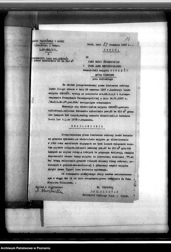 Obraz 15 z jednostki "Sprawa lustracji lasu dóbr Osuchów powiatu kaliskiego oraz sprawa odroczenia terminu zalesienia 3,06 ha gruntów leśnych"