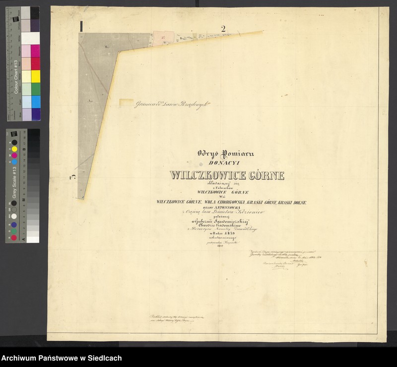 image.from.unit.number "WILCZKOWICE GÓRNE dobra ziemskie (donacja), gubernia sandomierska, obwód radomski.  Odrys pomiaru donacji Wilczkowice Górne składające się z folwarków Wilczkowice Górne, wsi Wilczkowice Górne, Wola Chodkowska, Kraski Górne, Kraski Dolne, osady Antoniówka z częścią lasu leśnictwa Kozienice.  Granice z: dobra prywatne Maciejowice, dobra Świerze, lasy rządowe.  Rzeka Wisła i jej rozlewiska.  Wieś Kraski Górne, osada Antonówka.  Zabudowania wsi Kraski Górne i osady Antonówka."