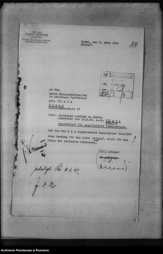 Obraz 14 z jednostki "Umbauten des Hotels de Rome in Posen, des Deutschen Schlosses, des Erholungsheimes der Reichsstatthalterei in Strohfelde, der Gauhalle und des Gauhotels"