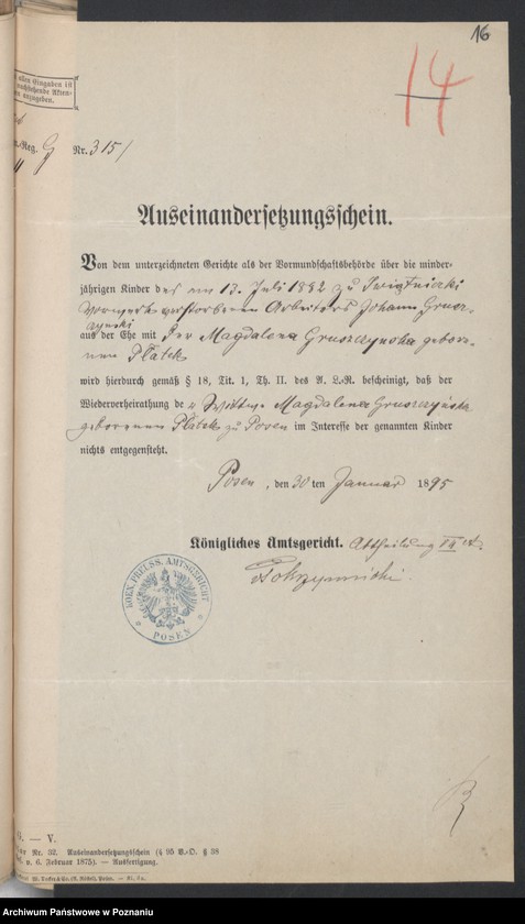 Obraz 18 z jednostki "Die von den Verlobten beigebrachten Urkunden zur Eheschliessung pro 1895"