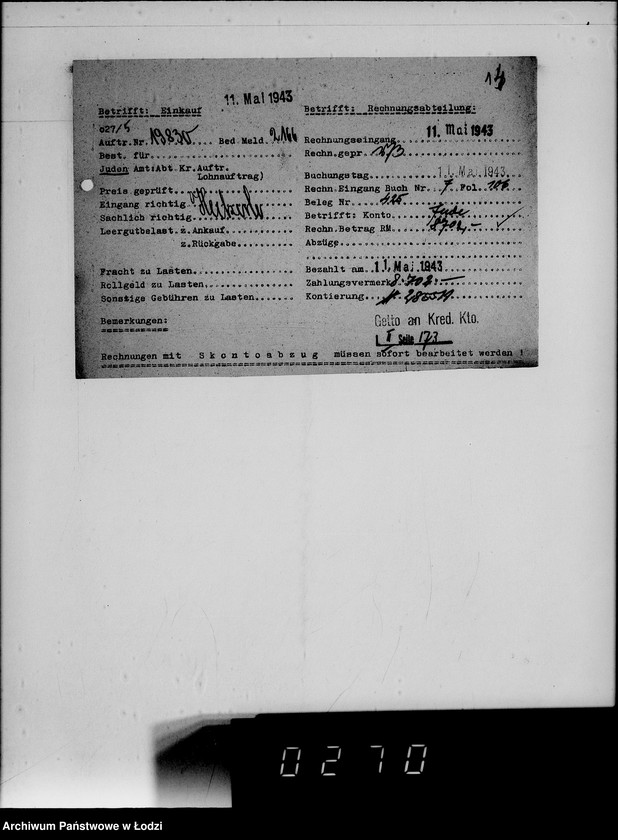 Obraz 19 z jednostki "Lebensmitteleinkauf. Aufträge, [Lieferscheinen und Rechnungen] 19781-19830 [Dostawa artykułów pierwszej potrzeby do Getta]"