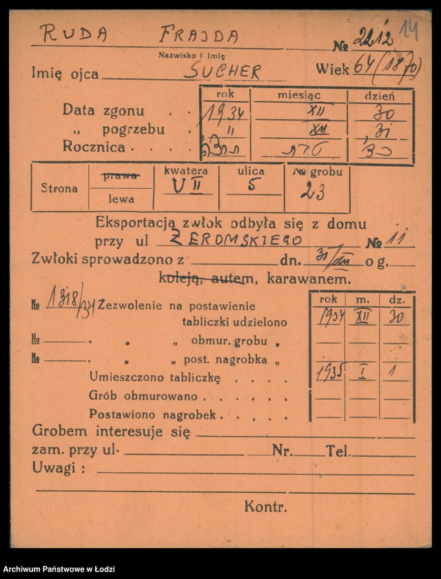 Obraz 15 z jednostki "Kartoteka osób pochowanych na cmentarzu żydowskim przy ulicy Brackiej w latach 1892-1956. Nazwiska na litery: Rubl-Rz"