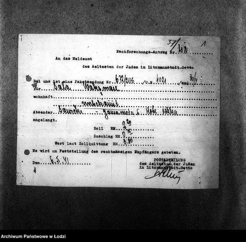 Obraz 4 z jednostki "[Protokoły stwierdzające wydanie przesyłek nadesłanych dla mieszkańców getta]"