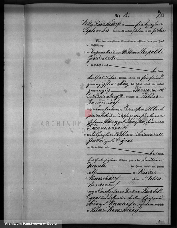 Obraz 19 z jednostki "Heiraths-Neben-Register Standesamts Kunzendorf pro 1877"