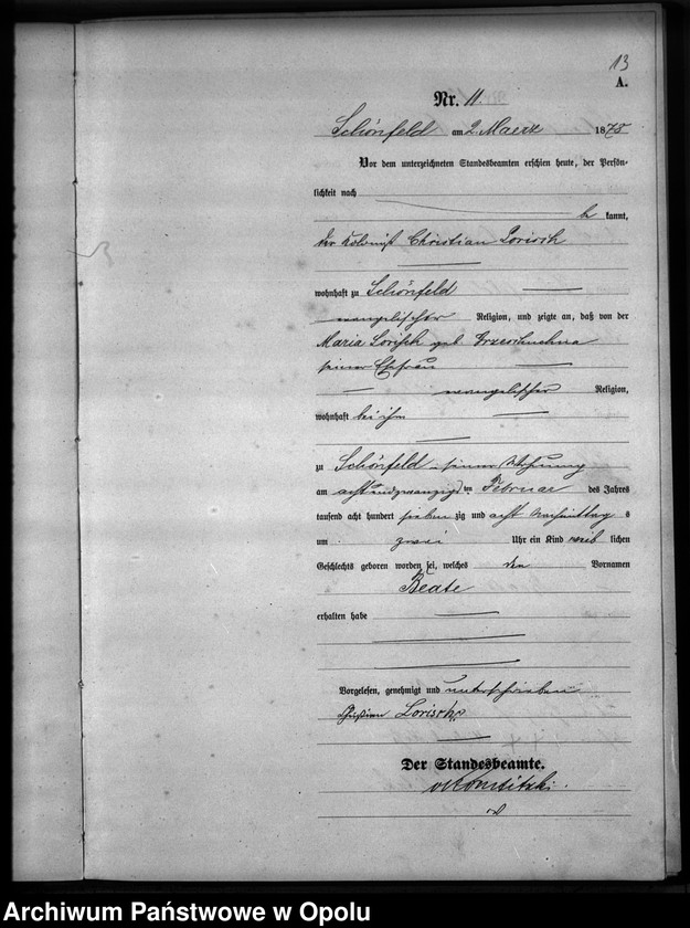 Obraz 14 z jednostki "Geburts-Haupt-Register Standesamts Schönfeld pro 1878"