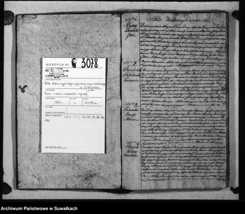 Obraz 3 z jednostki "Duplikat urodzonych, zaślubionych i umarłych parafii wiżajńskiej z roku 1851"