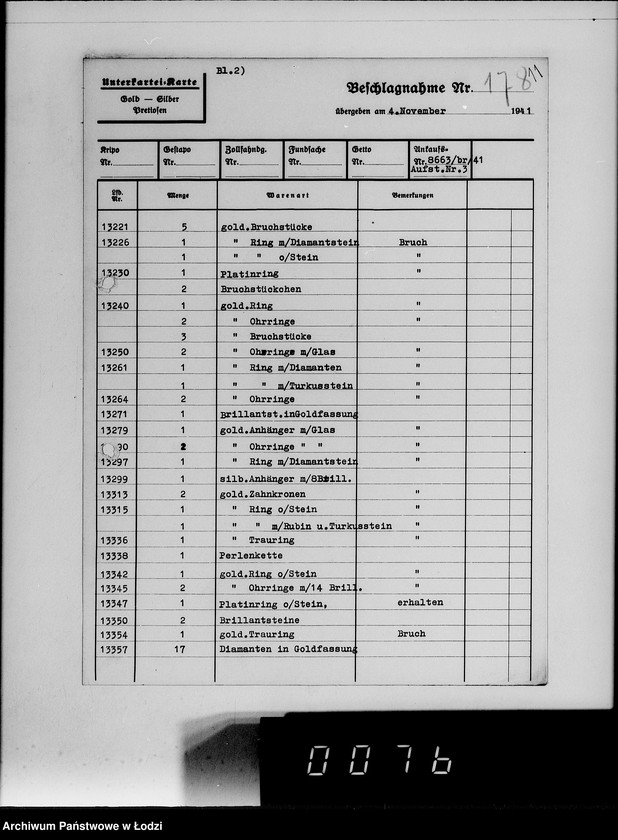 Obraz 15 z jednostki "Ankauf vom J.A.[Kartoteka dostaw skonfiskowanych kosztowności]"
