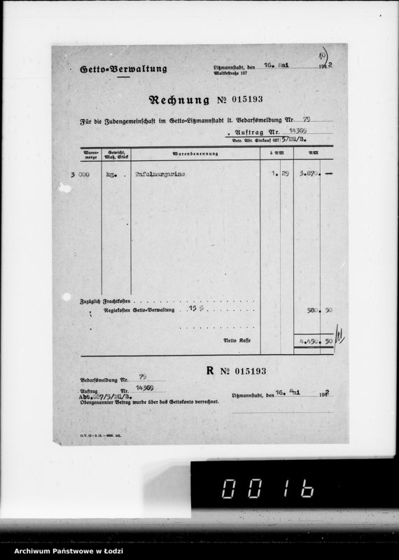 Obraz 14 z jednostki "Aufträge [Lieferscheinen und Rechnungen] 13800-13850.[i od 14351 do 14370]. [Dostawa artykułów pierwszej potrzeby do Getta]"