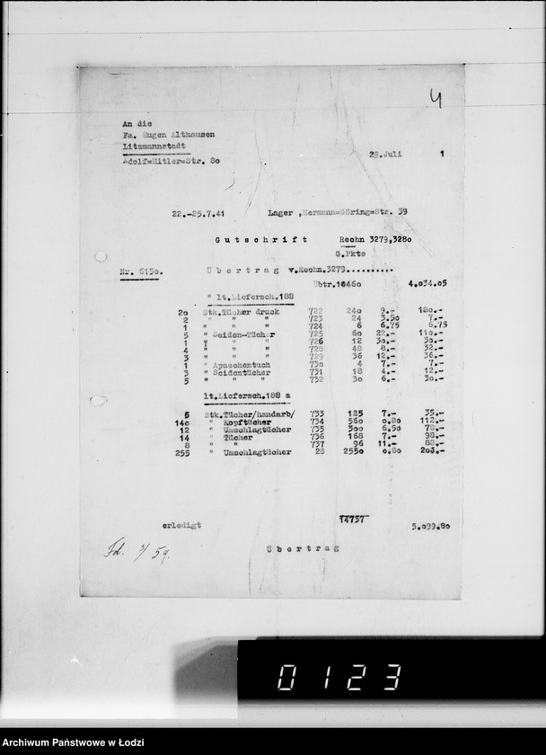 Obraz 8 z jednostki "Ausgehende Rechnungen [za dostawy towarów dla Getta]"