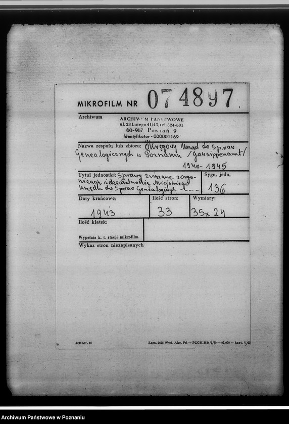 Obraz 2 z jednostki "[Sprawy związane z organizacja i działalnością Miejskiego Urzędu do Spraw Genealogicznych w Lesznie]"