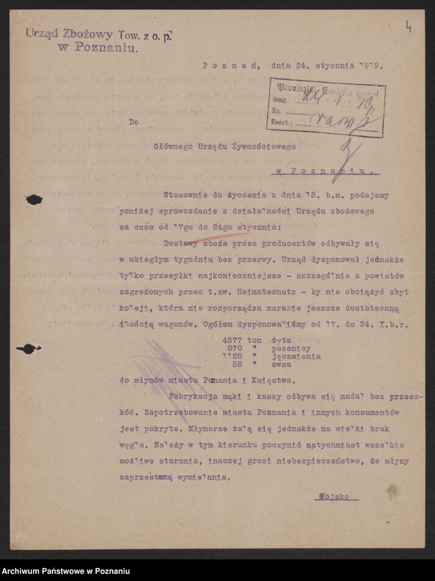 Obraz 6 z jednostki "[Sprawozdania Urzędu Zbożowego w Poznaniu dla Departamentu Aprowizacji byłej Dzielnicy Pruskiej]"