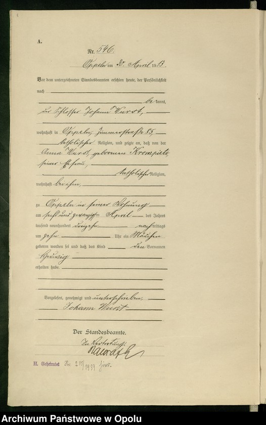 Obraz 12 z jednostki "Urząd Stanu Cywilnego Opole Księga Urodzeń Rok 1913 540-1057"