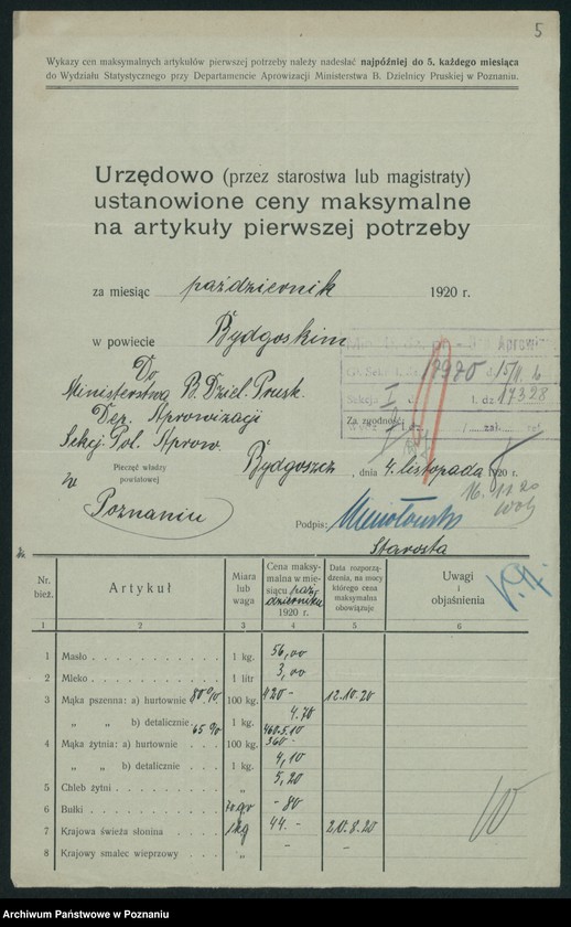 Obraz 7 z jednostki "[Wykazy urzędowo ustanowionych cen maksymalnych na artykuły pierwszej potrzeby na terenie Województwa Poznańskiego za miesiąc październik 1920 roku]"