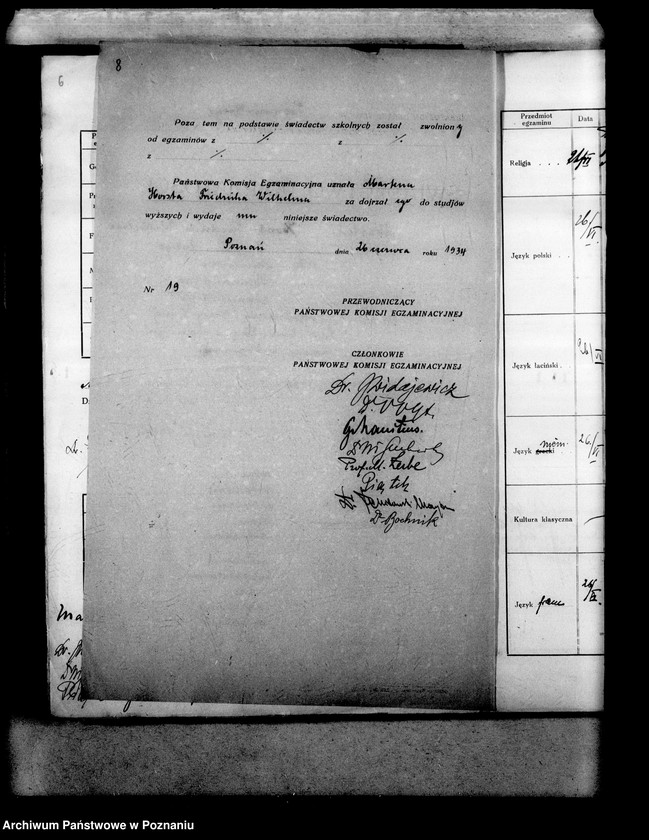 Obraz 11 z jednostki "Protokoły z egzaminów dojrzałości dla eksternistów abiturientów, prywatnego gimnazjum koedukacyjnego z niemieckim językiem nauczania imienia Schillera w Poznaniu"