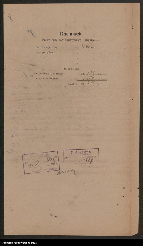 Obraz 10 z jednostki ""Fortuna"- Karol Kujawski, Stanisław Koperski i S-ka- biuro handlowo-komisowe oraz kupno i sprzedaż przetworów przemysłowych i ziemiopłodów"