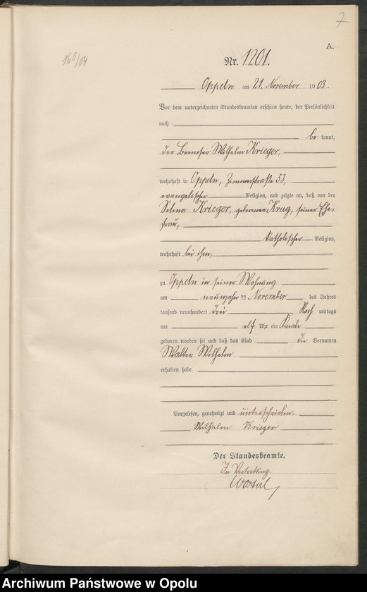 Obraz 11 z jednostki "Urząd Stanu Cywilnego w Opolu 1903 Rejestr Urodzeń Księga Miejscowa Nr 1196 do 1355"