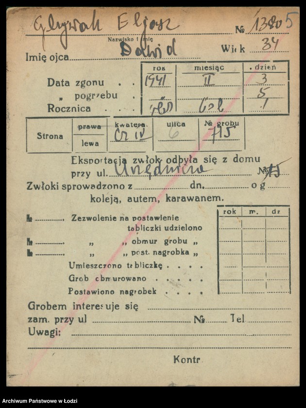Obraz 6 z jednostki "Kartoteka osób pochowanych na cmentarzu żydowskim przy ulicy Brackiej w latach 1892-1955. Nazwiska na litery: Gl-Goldbe"