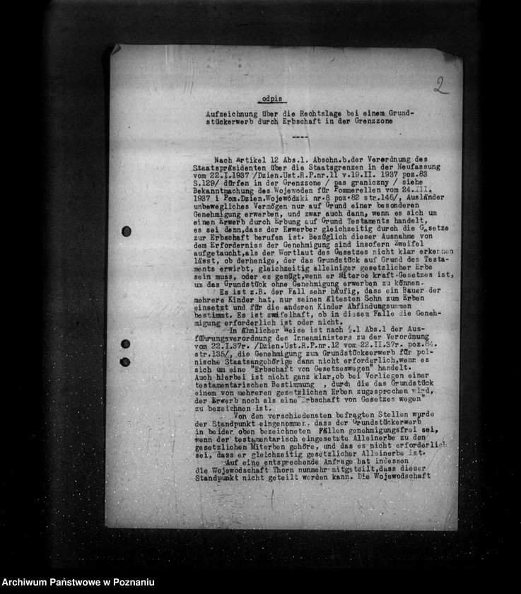 Obraz 5 z jednostki "/Odpis pisma Niemieckiego Konsulatu Generalnego w Toruniu do placówek NSDAP z objaśnieniami dotyczącymi dziedziczenia nieruchomości w pasie granicznym/"