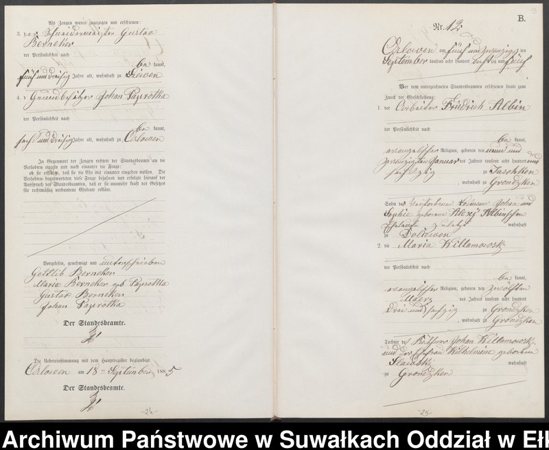 image.from.unit.number "Heiraths-Neben-Register des Preussischen Standes-Amtes Orlowen Kreis Loetzen für das Jahr 1885"