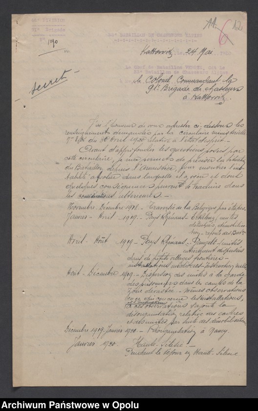 Obraz 13 z jednostki "/Raporty miesięczne oddziałów wojsk francuskich o morale żołnierzy/ V 1920"