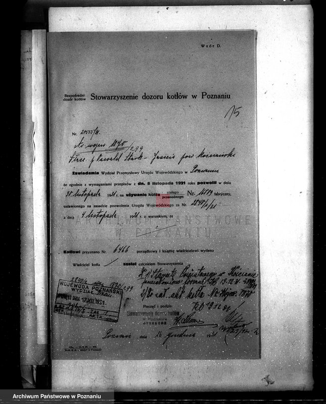 Obraz 19 z jednostki "Młyn parowy w Jasieniu pow. kościański własność O. Starke nadzór nad kotłami parowymi"