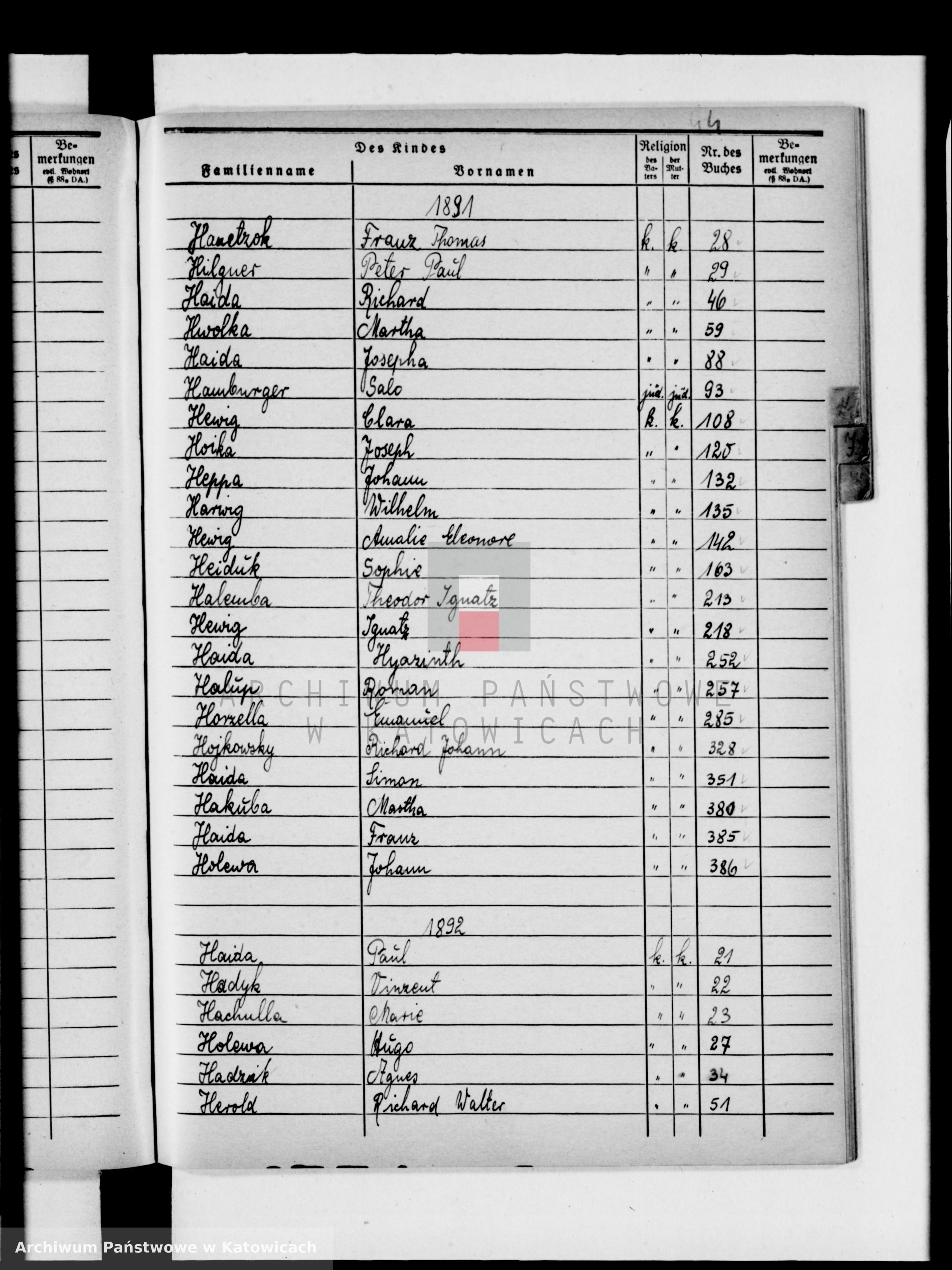 Skan z jednostki: Skorowidz do ksiąg urodzeń za lata 1891-1900