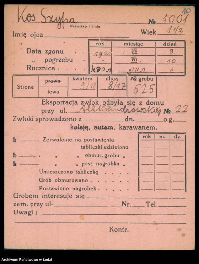 Obraz 11 z jednostki "Kartoteka osób pochowanych na cmentarzu żydowskim przy ulicy Brackiej w latach 1892-1959. Nazwiska na litery: Kos-Kra"
