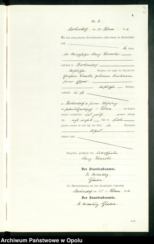 Obraz 14 z jednostki "Geburts-Register (Neben-Register) Standesamt Borkendorf 1912 No. 1 bis 73."