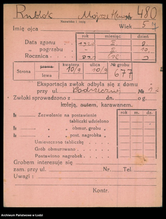 Obraz 8 z jednostki "Kartoteka osób pochowanych na cmentarzu żydowskim przy ulicy Brackiej w latach 1892-1956. Nazwiska na litery: Rubl-Rz"