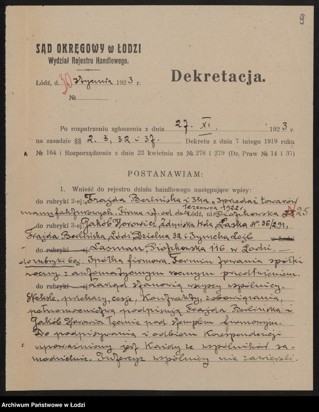 Obraz 11 z jednostki "Frajda Berlińska i S-ka- sprzedaż towarów manufakturowych"