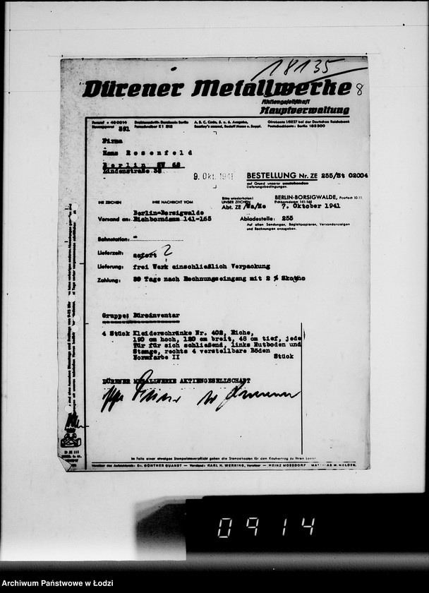 Obraz 12 z jednostki "Korrespondenz Firma Hans Rosenfeld-Büromebel mit Getto-Verwaltung betr.Büromebel"