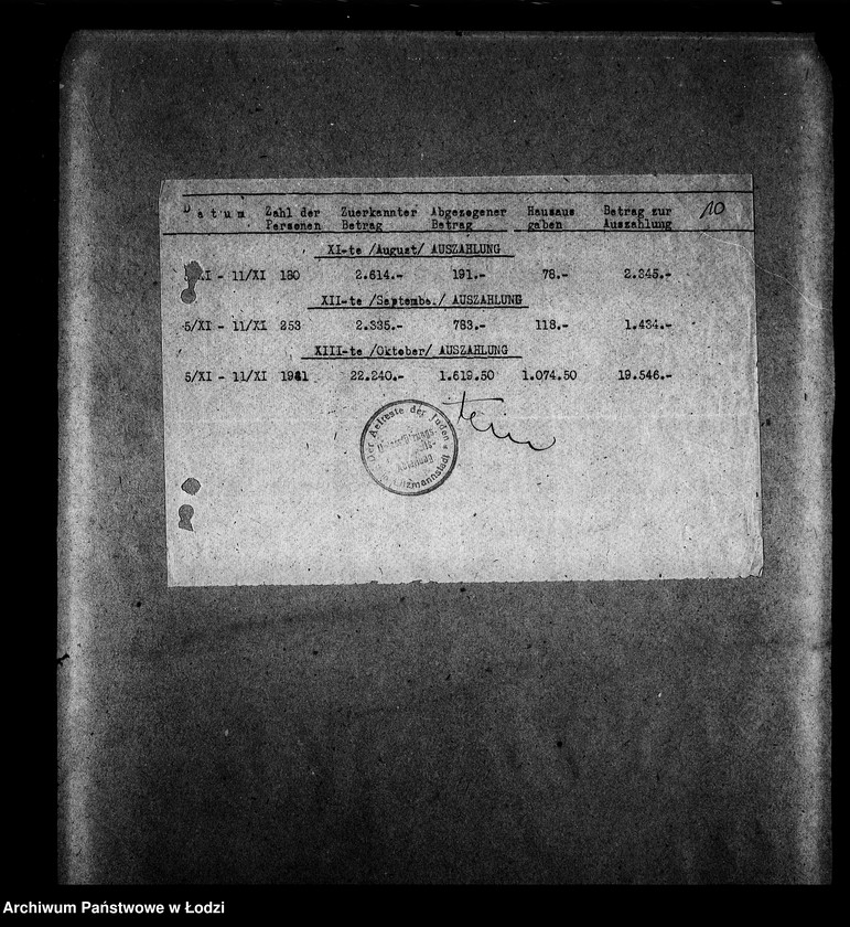 Obraz 13 z jednostki "[Okresowe zestawienia wypłacanych zasiłkowcom sum]"