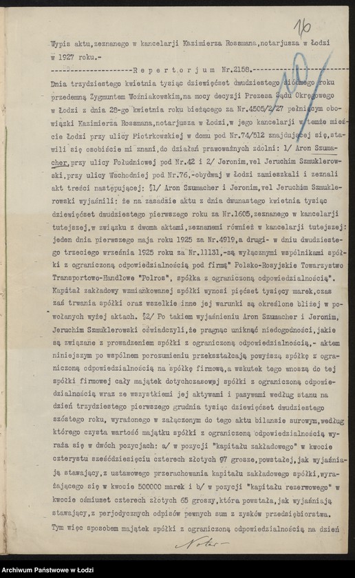 Obraz 18 z jednostki "Towarzystwo Transportowo-Handlowe "Polros" właściciele A.Szumacher i I.Szmulewicz"