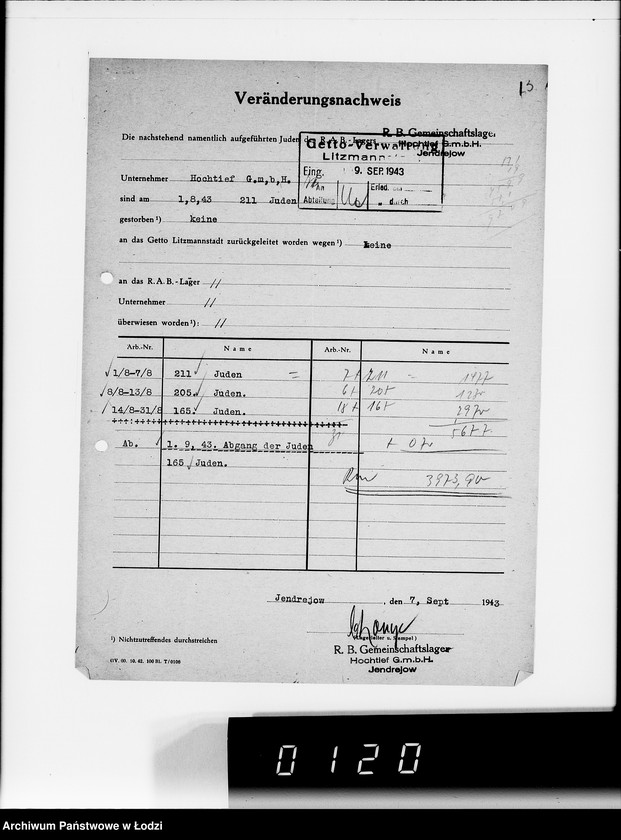 Obraz 17 z jednostki "Sonderkonto 12300. Arbeitsamt Litzmannstadt Judenlager: Löwenstadt- (Amtskommissar Löwenstadt), Hulanki- (Krs.Litzmannstadt), Jendrzejów, Andrzejów, Ostrowo (Krs.L-stadt)."