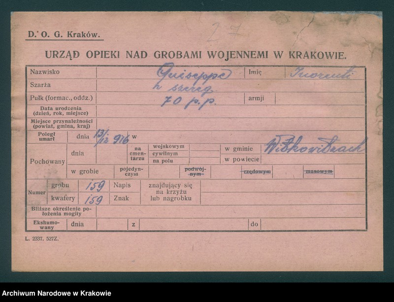 image.from.unit.number "Karty ewidencyjne zmarłych Włochów na terenie powiatów Zabrek, Cernovir, Witkowitz (Czechy)."