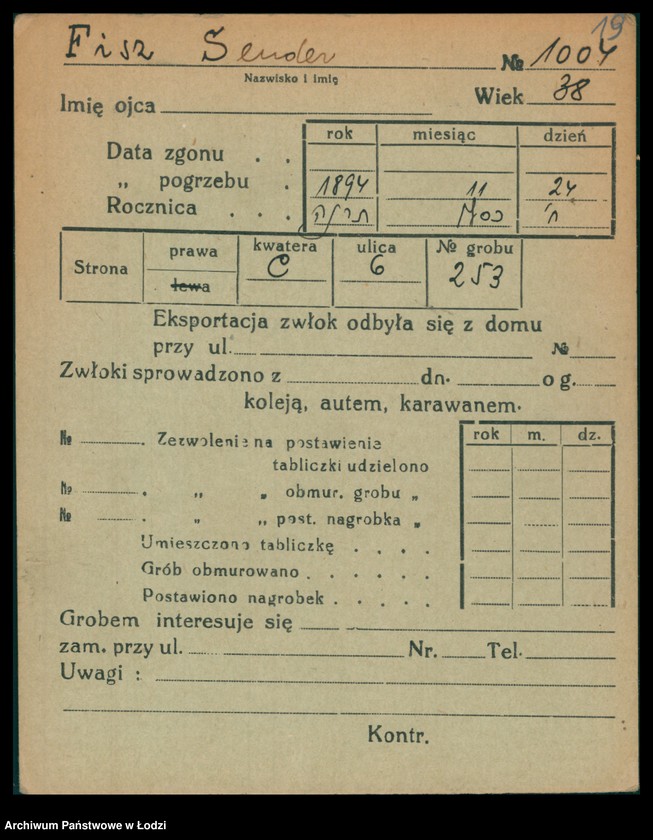 Obraz 20 z jednostki "Kartoteka osób pochowanych na cmentarzu żydowskim przy ulicy Brackiej w latach 1892-1957. Nazwiska na litery: Fisz-For"