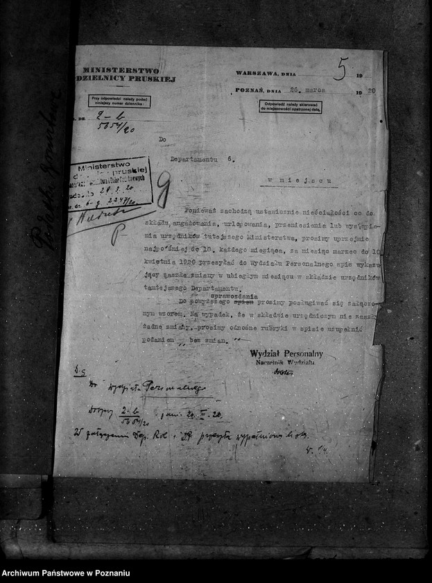 Obraz 9 z jednostki "Sprawy osobowe. Sprawozdania miesięczne stanu personelu departamentu"