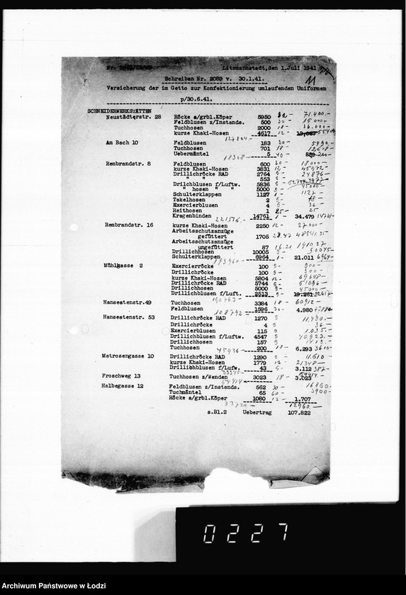 Obraz 15 z jednostki "Korrespondenz betr.Versicherung der im Getto zur Konfektionierung umlaufenden Wehrmachtsuniformen und Aufstellung über ausgeführte Transporte."