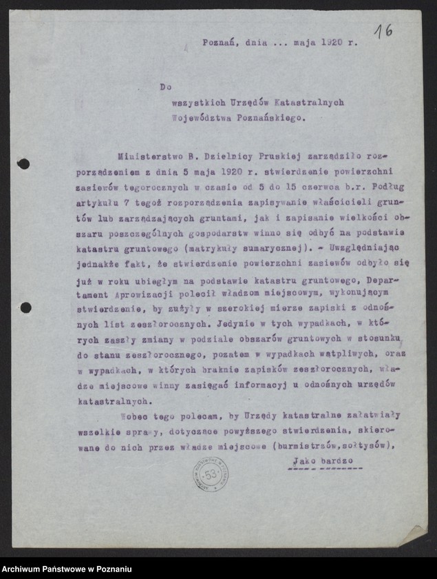 Obraz 16 z jednostki "[Rozporządzenia, pisma okólne i korespondencja w sprawie ewidencji zapasów zboża i statystyki zasiewów]"