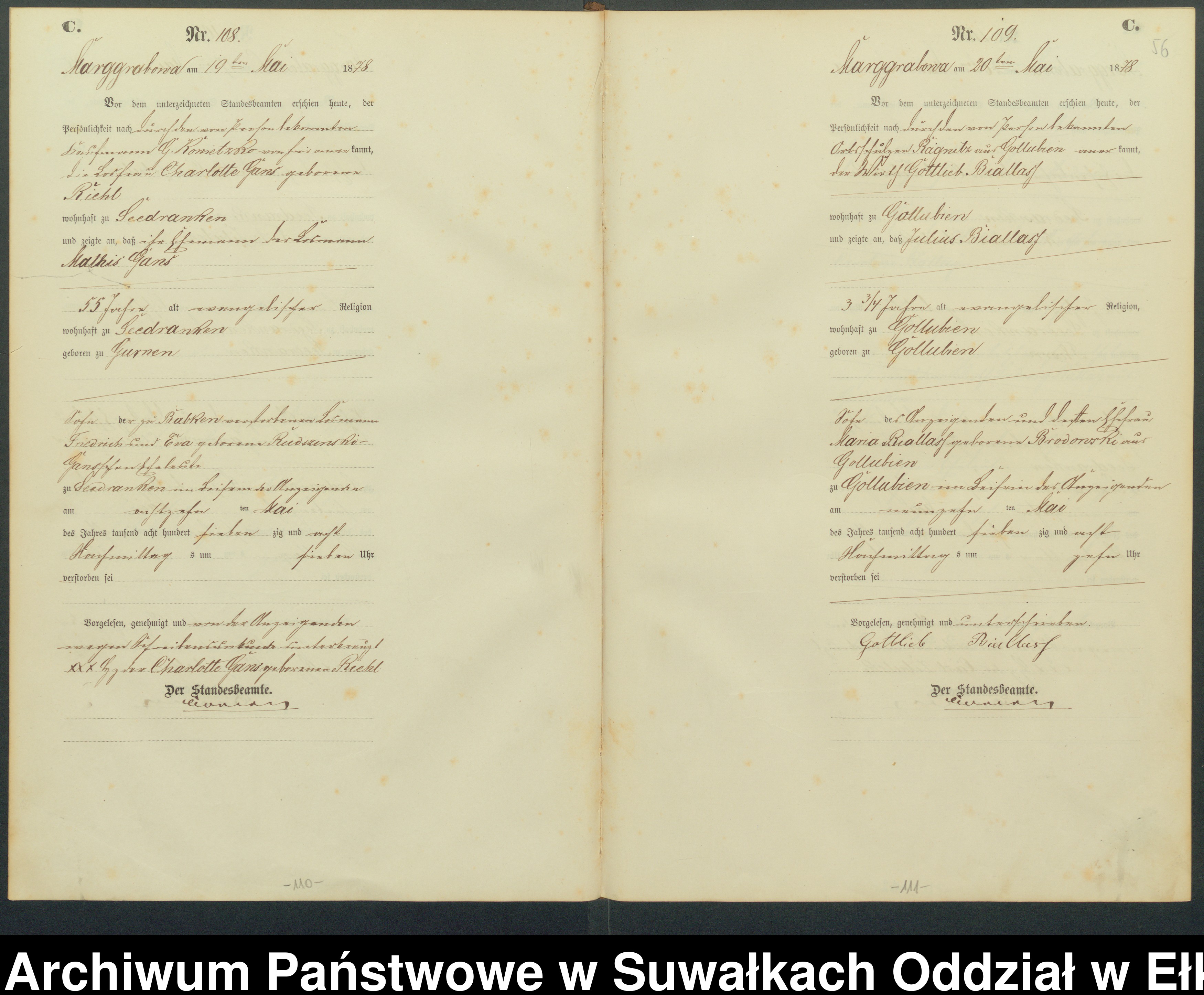 Skan z jednostki: Sterbe-Haupt-Register des Königlich Preussischen Standes-Amtes Landgemeinde Marggrabowa Kreis Oletzko