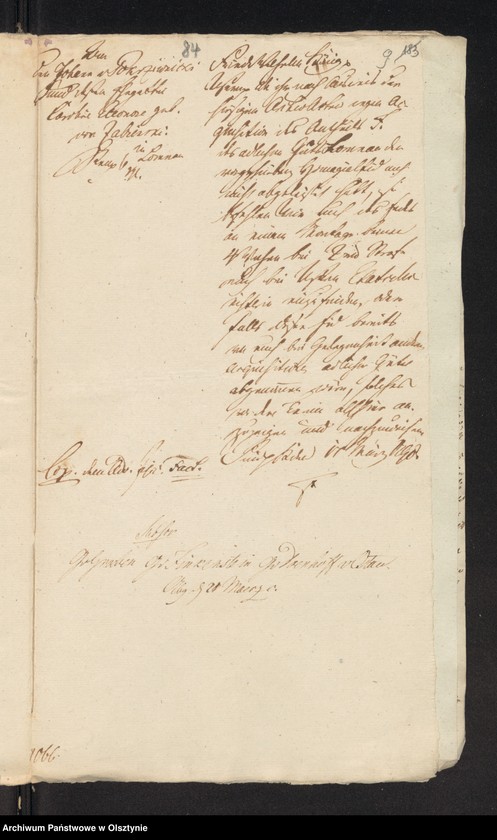 image.from.unit.number "In S. [Sache] der Pfandsbesitzern Johann v. [von] Pokrzywnicki und deßen Ehegathin Caroline Eleonore geboren von Zabienski wegen des zum alleinigen Eigenthum an sie abgetretenen Antheils F im adl. [adeliche] Allodial Gut Lomnau [Łomno] Haupt Amts Neidenburg [Nidzica] bestehend aus 1 Hube 11 Morgen 15 R. [Rute]"