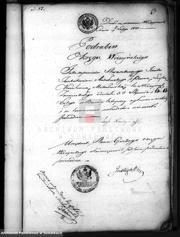 image.from.unit.number "Dowody do Akt Osób Zaslubionych Wyznania Mojżeszowego złożone Urzędnikowi Stanu Cywlinego Okręgu Suwalskiego i Jeleniewskiego z roku 1848"