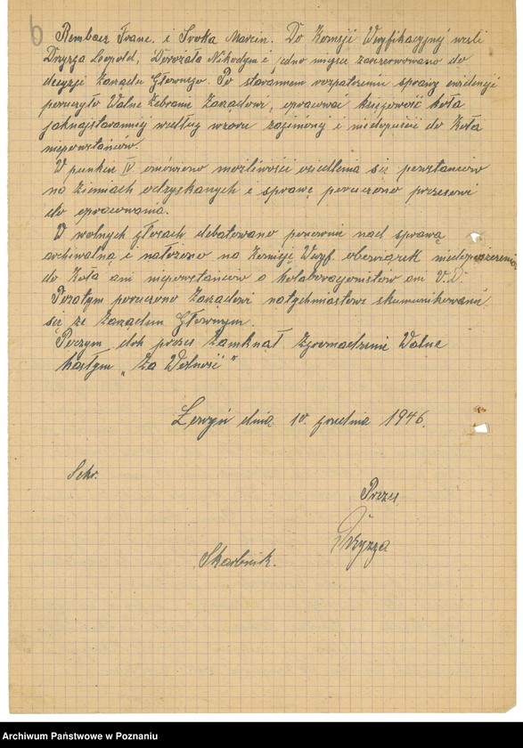 Obraz 9 z jednostki "Współdziałanie Zarządu Głównego Związku Powstańców Wielkopolskich z kołami: 1. Leszno [1947] 2. Łowyń [1946] 3. Margonin [1946-1948] 4. Miejska Górka [1949] 5. Mieszków [1946-1947] 6. Międzychód [1946-1948] 7. Mogilno [1946-1947] 8. Mosina [1946] 9. Mrocza [1947] 10. Nakło [1945-1949] 11. Oborniki [1947] 12. Osieczna [1948] 13. Ostrów Wielkopolski [1946-1947] 14. Piaski [1948] 15. Pleszew [1947-1948] 16. Podolin [1947-1948]"