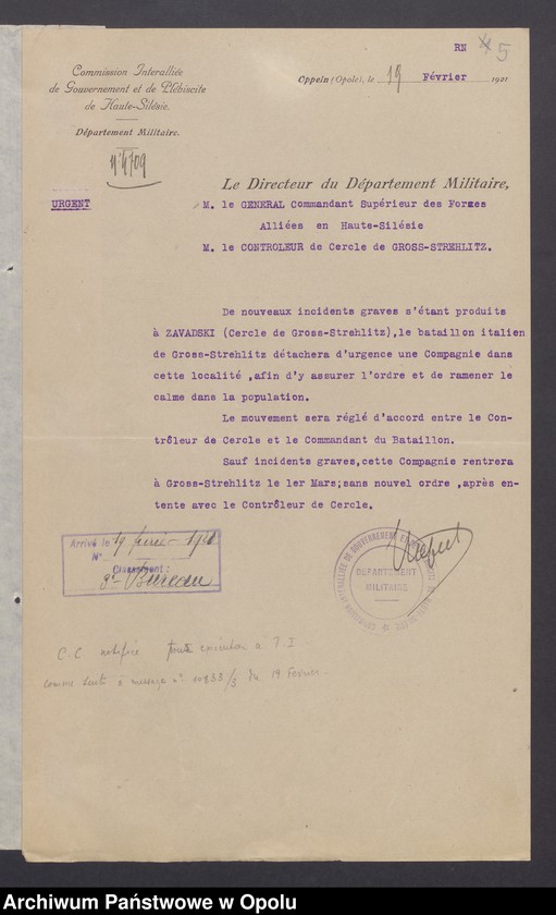Obraz 7 z jednostki "Entress /Korespondencja wpływająca pochodząca od władz wyższych i jednostek podległych - pisma, instrukcje/ 15.02.-13.04.1921"