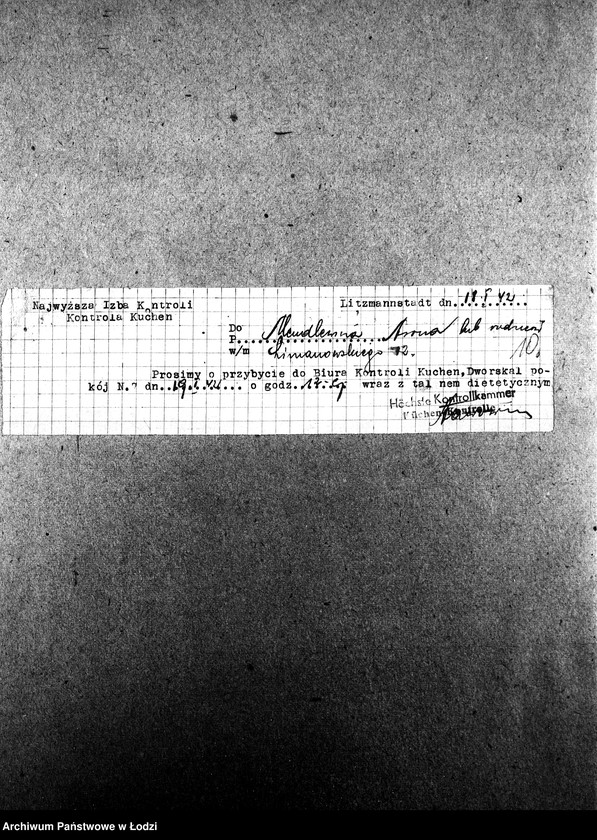 Obraz 13 z jednostki "[Wezwania osób oskarżonych o sprzedaż otrzymanych na talony produktów, by przybyły do Biura Kontroli Kuchen. Raporty kontrolerów]"