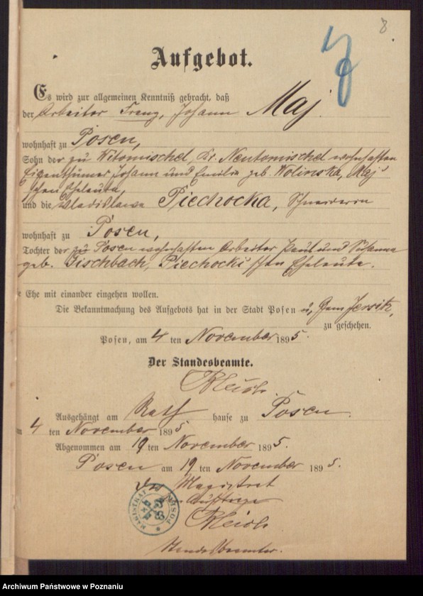 Obraz 10 z jednostki "Die von den Verlobten beigebrachten Urkunden zur Eheschliessung pro 1895"