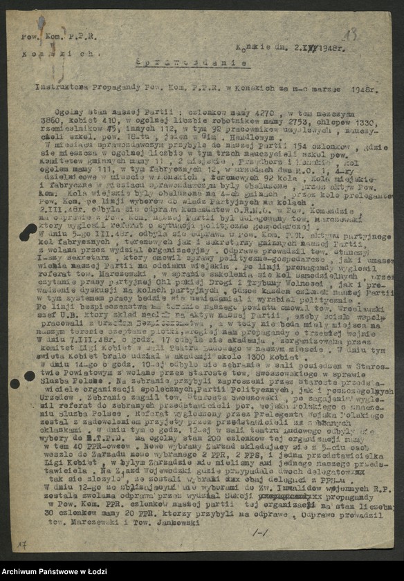 Obraz 20 z jednostki "Sprawozdania miesięczne instruktorów propagandy komitetów powiatowych i komitetów miejskich [z załącznikami za 1948 rok]"