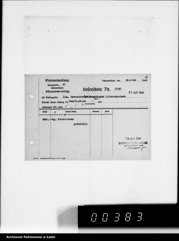 Obraz 8 z jednostki "[Dowody dostawy odzieży dla intendentury wojskowej w Poznaniu] Heeresbekleidungsamt Posen"