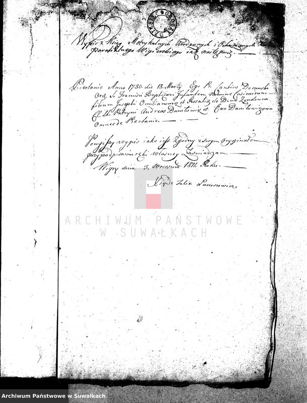 image.from.unit.number "Dowody Małżeństwa Gminy Wigierskiey od dnia 1 Maja 1811 Roku do ostatniego dnia kwietnia 1812 Roku."